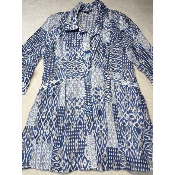 Samuel Dong Ikat Sheer Jacket Blue White Art Print Lightweight Coat SZ L - Picture 4 of 12